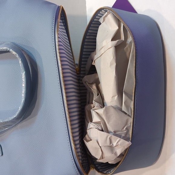 Joy Mangano Double Decker Tote w/Wristlet Set French Blue Pebble Leather New - Picture 5 of 11